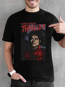 Men's Thriller Album Vintage Portrait-Shirt - Black Tee With Red Lettering, Iconic MJ Shirt Fans, Casual Casual Attire Or Costume Parties - Washable Retro Music Memorabilia, Music Shirt, Fan Merchandise, Classic Design, Comfortable Fit, Culture Apparel, Culture Enthusiasts - 黑色 - 查看 3