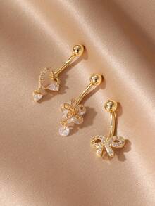 GEREIT 3pcs Sexy Stainless Steel Zirconia Heart, Flower, Bow Navel Piercing Rings Set For Women, Waterproof & Hypoallergenic - Gold - View 3