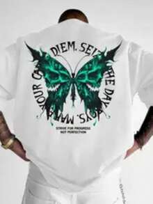 Camiseta Oversized Caveira Verde e Borboleta  Halloween    Verão  Primavera / Outono    Ajuste Regular - Branco - Visão 1