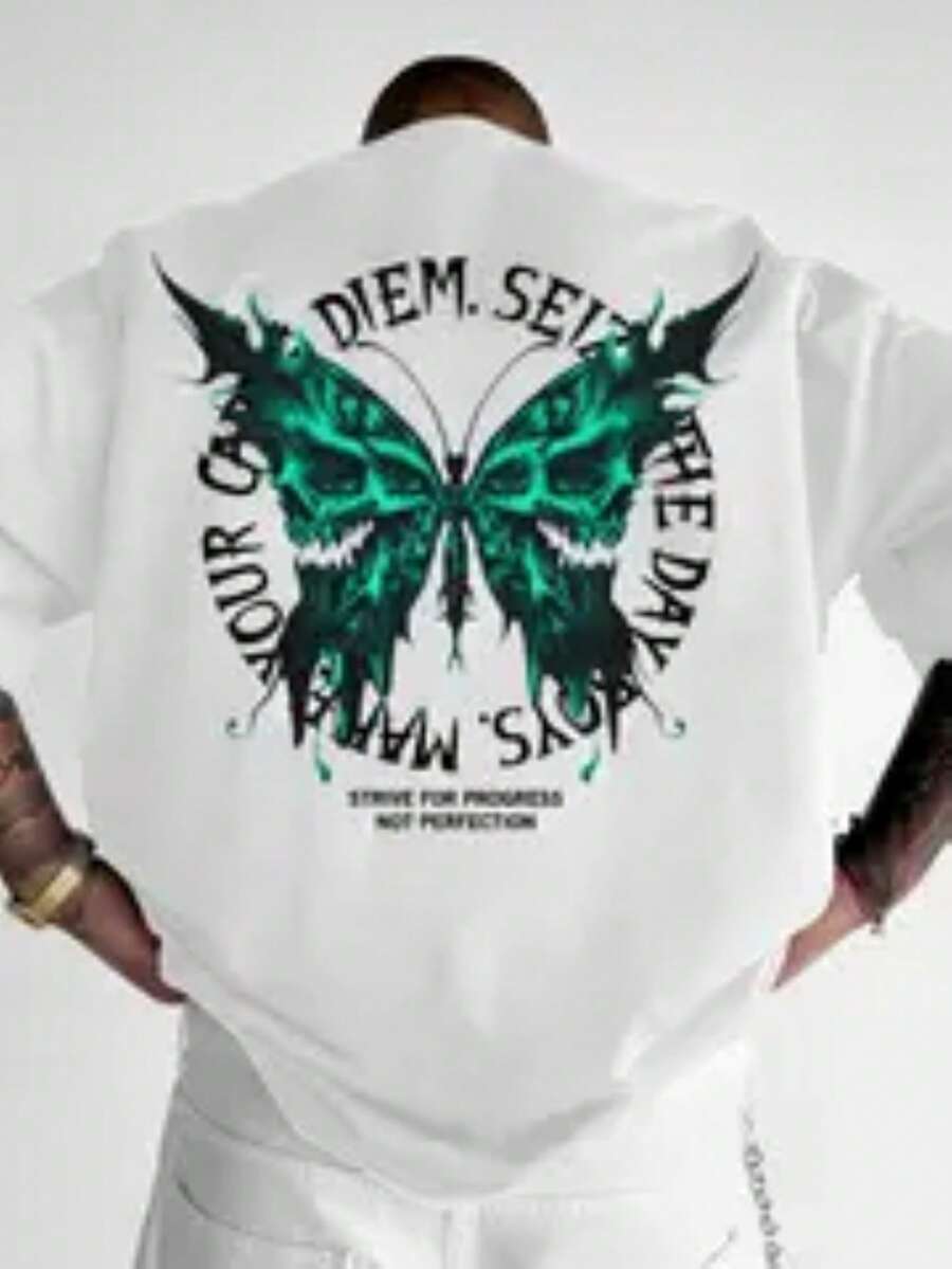 Camiseta Oversized Caveira Verde e Borboleta  Halloween    Verão  Primavera / Outono    Ajuste Regular - Branco - Visão 1