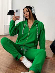 Sudadera Con Capucha De Manga Larga Con Cierre  Y Pantalones Con Bolsillo De Solapa, Traje Deportivo - Verde - Ver 1