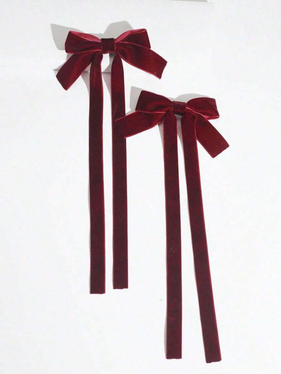 2pcs/Set Ballet Style Long Ribbon Fairy Bowknot Hair Clips, Fashionable Playful & Cute Hair Accessories Women, Suitable Everyday Occasions Valentine's Day Valentines,Hair Barrettes Claw Clips, School Stuff, Elegant, College, Winter Outfit Women, Bows, Accessories - 天鵝絨黑 - 查看 1