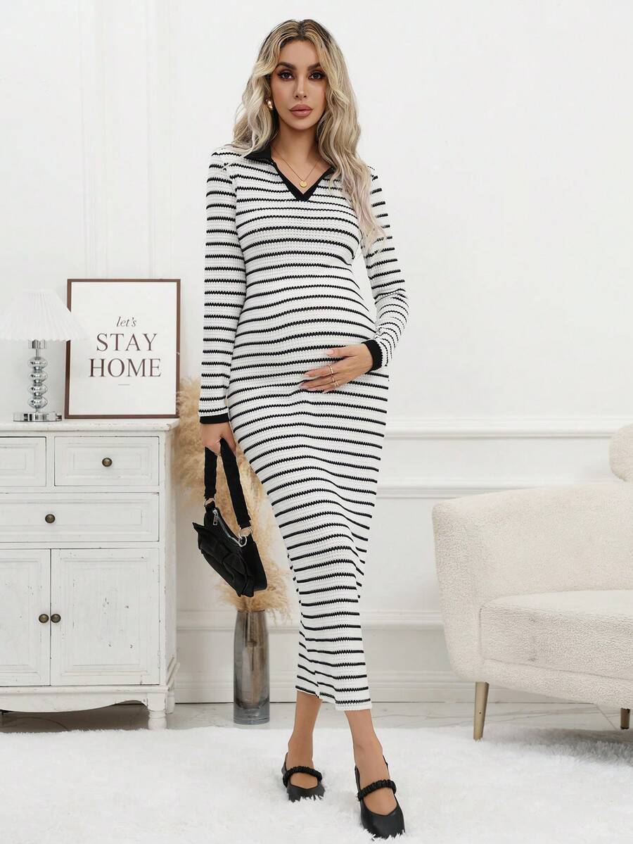 Pregnant Women's Striped Elegant Bodycon Casual Dress With Contrast Trim And Slit, Sexy And Suitable For Autumn/Winter Parties And Daily Wear