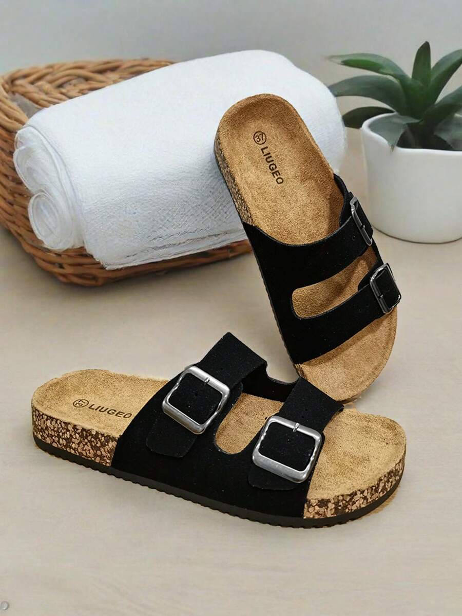 Giày sandal hở mũi thoáng khí phong cách cổ điển dành cho nữ, dép đi trong nhà bền, chống trượt, thoải mái, giày mùa hè dành cho nữ - Da lộn màu đen - Xem 1