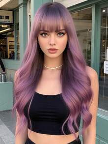 Blue Pink Bangs Wavy Long Wig 26 Inches For Party Styling Versatile Fashion Look