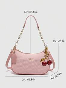 New Fashion Classic Wild Letter Pattern Decoration Design Solid Color Pu Waterproof Fabric Shoulder Bag Crescent Bag Underarm Bag Suitable For Shopping, Can Be Slung. With Cherry Pendant Decoration, Summer Crescent Bag, Seaside Holiday, School Season, Ladies Purse. - Pink - View 3