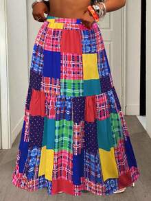 Plus-Size-Holiday Chic Bohemian Plaid Print Patchwork Elastic Waist Waist Side Pocket Half Skirt. - Pink - View 5