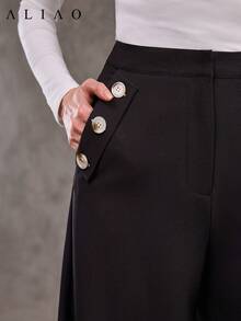 Aliao Excellent Slant Pockets Oversized Wide-Leg Trousers, All Black, Back To School, Basic, Autumn & Winter, Elegant, Modest, Business Casual Woman, Homecoming, Bohemian
