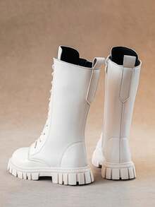 女童秋冬靴子，新款儿童高筒靴，英伦风中筒靴，厚底靴，公主皮靴，学生鞋，小女孩高筒靴 - 米色 - 查看 5