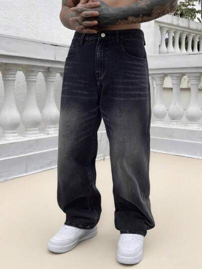 1 pezzo Jeans in denim da uomo con gamba dritta e lavaggio vintage