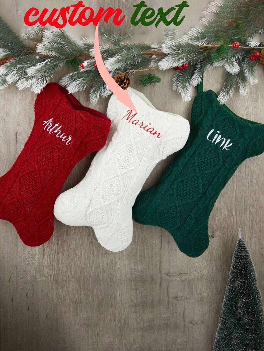 1 Pc Personalized Dog Bone Christmas Stocking, Custom Pet Christmas Gift, Christmas Decorations, Custom Embroidered Christmas Stocking, Holiday Souvenir, Decorations,Christmas Gift Supplies - Multicolor - View 1
