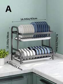 1pc Kitchen Rack, Dish Rack, Multifunctional Tabletop Bowl & Plate Storage Organizer, Multilayer - Black - View 2