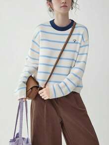 Alicedudu كنزة صوفية كلاسيكية للنساء بياقة مستديرة وخطوط، ناعمة ودافئة، للخريف/الشتاء