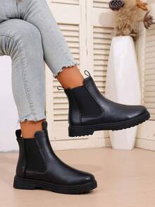 New Autumn Women's Chunky Heel Short Chelsea Boots, Inner Increased Height, Western Style Side Zipper - Black - View 3
