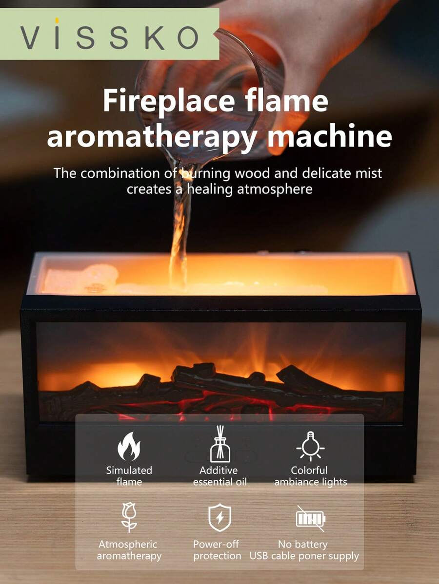 ViSSKO Difusor de aromas para lareira [Chama 3D + Controle Remoto Infravermelho] | Design retangular, 7 cores de iluminação fixas, reservatório de óleo essencial de 150ml, entrada 5V/2A (potência ≤10W), temporizador de desligamento automático, ideal para decoração de casa, mesa de escritório e estúdio de ioga.