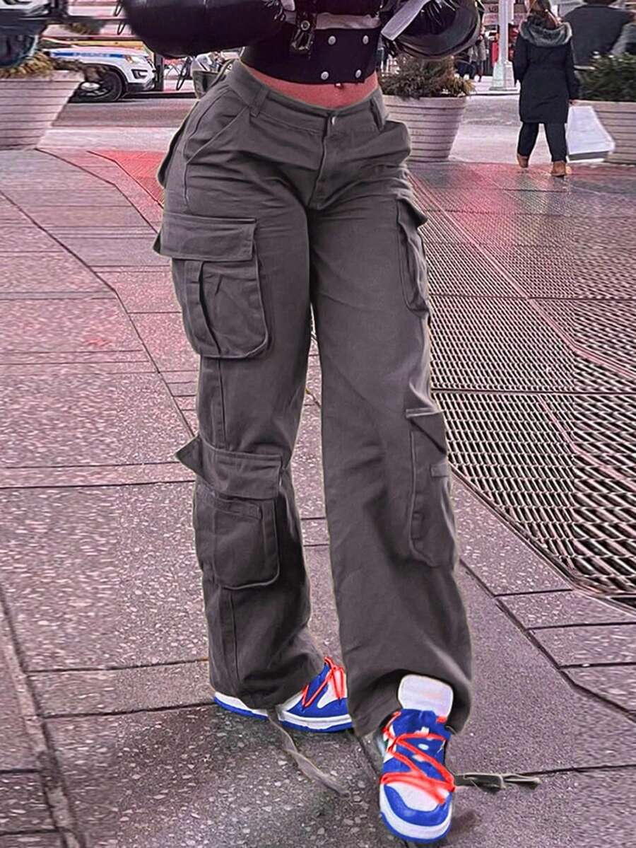 Women's High Waisted Boyfriend Style Distressed Y2K Denim Jeans,Women's Solid Color Simple Casual Denim Pants Y2k,Solid Color Multi-Pocket Button Commuting Simple Y2K Casual Cute Work Pants Long Pants - Xám - Xem 1