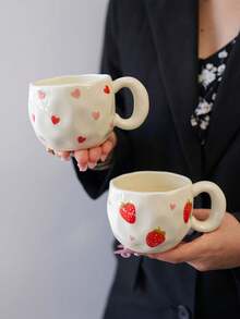 1pc Ins Style Hand-Painted Cherry & Strawberry Ceramic Cup, Asymmetrical Embossed Body, Breakfast Coffee Mug, Girly Desktop Water Cup, Party Afternoon Tea Cup, Red Tea Cup, Large Capacity Water Mug, Coffee Cup - Multicolor - View 9