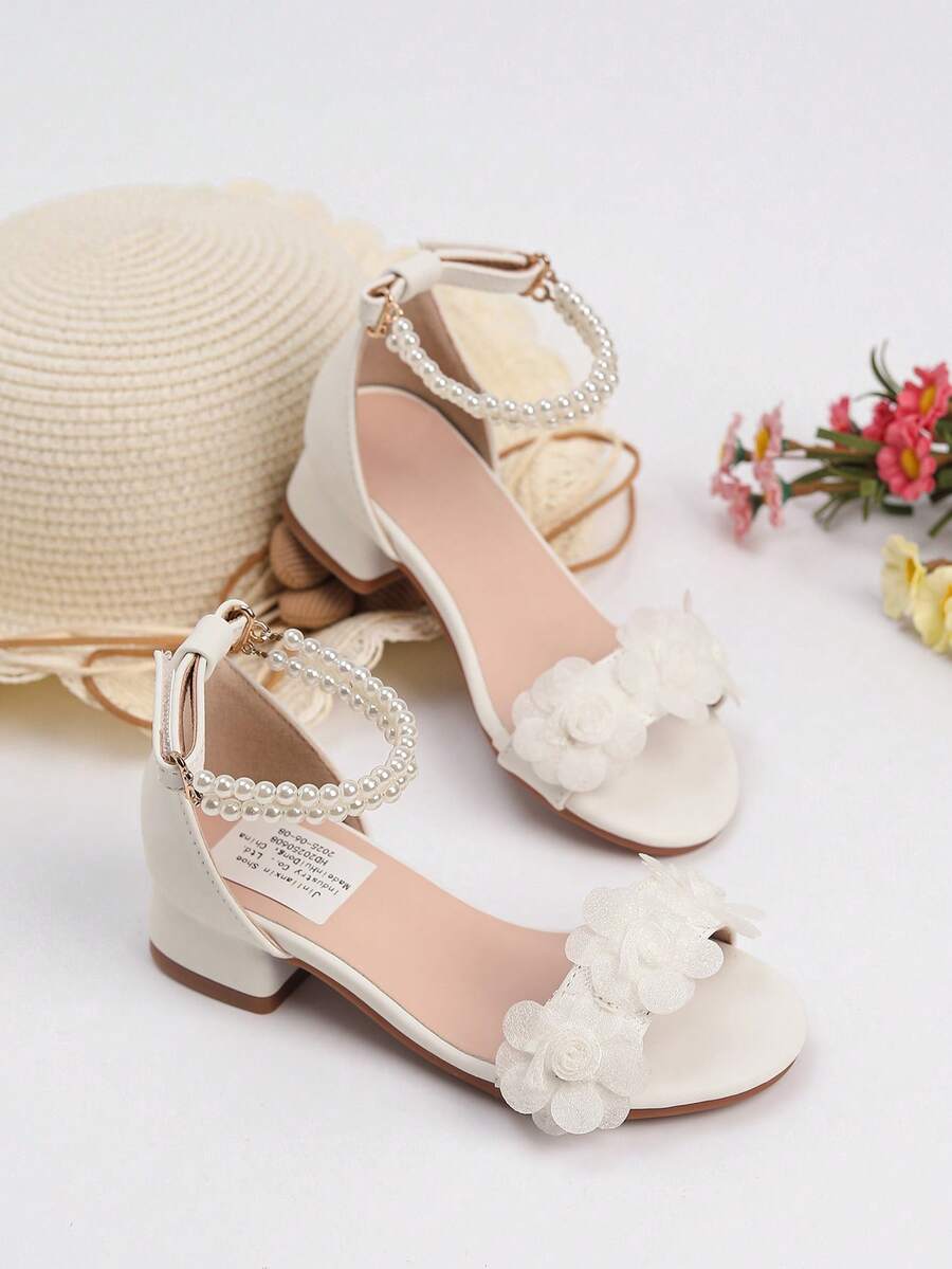 1 pereche de pantofi cu toc înalt pentru fetițe, la modă nouă de vară, sandale de prințesă, sandale confortabile de zi cu zi pentru studente, toc roman cu decor din dantelă, tocuri înalte de mărime mare, pantofi de performanță, pantofi cu toc jos pentru dans, pantofi pentru fetițe cu flori pentru petreceri de nuntă