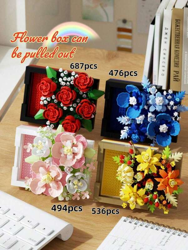 687 piezas Bloques de construcción de ramo de flores con soporte y caja sorpresa - Perfecto para decoración del hogar para adultos de 14+ años, regalo de San Valentín, cumpleaños, regalo para amantes, amigos, familia. Regalo de vacaciones, regalo del Día del Padre, regalo del Día de la Madre, regalo de boda, decoración de boda, regalo de graduación