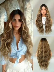 24 Inch Long Wavy Ombre Golden Brown Wig For Women Heat Resistant Fiber Middle Part Hairpiece Dark Roots,Natural Synthetic Full Machine Hair Wigs For Daily Music Festival Party Wear, Cosplay Halloween & Street Photography Use - 漸層棕色 - 查看 3