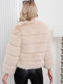 Elegant Women's Faux Fur Coat Khaki Color Regular Sleeve Round Neck Wrist Length Contrast Faux Fur Design Warm Lined For Winter Christmas And New Year - Khaki - View 6