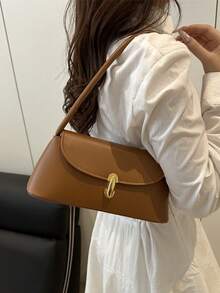 柔软PU皮革金属锁扣装饰复古贝壳法棍包，女士单肩包，新款女士手提包，小方包 - 棕色 - 查看 3
