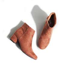 Women's Black Vegan Suede Cheetah Faux Suede Cognac Vegan Suede Natural Faux Suede Smokey Taupe White PU Chunky Low Heel Zip-Up Ankle Boots – Minimalist Round/Pointed Toe Fashion Booties [Size Up Half Size] - 干邑白蘭地純素絨面革 - 查看 6