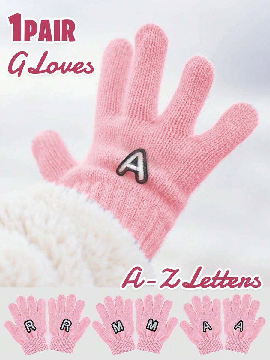 1 Pair Baby Girl Pink Letter Pattern Gloves, Fashionable & Cute, Soft & Warm, Suitable For 1-3 Years Old Girls Everyday Use In Autumn/Winter - Pink - View 1
