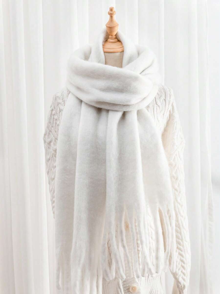 1pc Solid Color Scarf, Winter Warm Neck, Thickened Wool Knitted Thick Fringed Shawl, Can Be Worn Women Winter Scarves