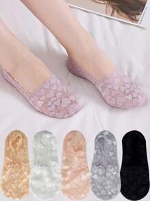 5 双女士袜子黑色粉色花朵新款踝袜春夏季船形蕾丝隐形薄款女童短袜 - 彩色 - 查看 1