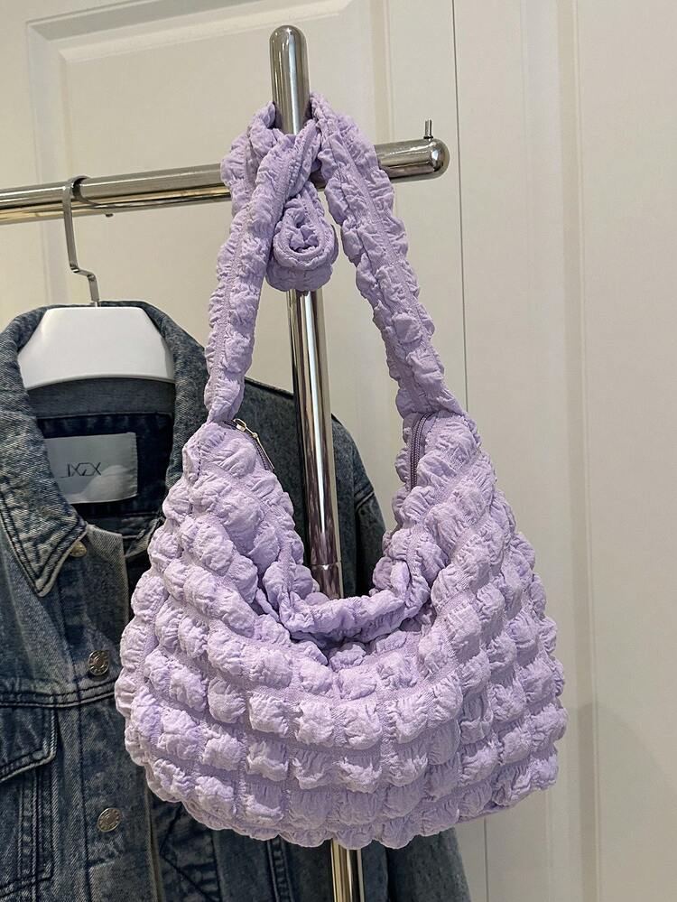 Soft Texture Large Capacity Women's Shoulder Bag, Casual Commuter Puff Cloud Pleated Bag, Korean Style - Purple - View 1