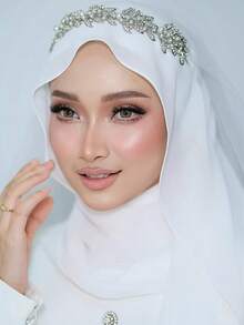 1 chiếc khăn trùm đầu trang trí lễ cưới Hồi giáo, khăn trùm đầu bằng vải chiffon màu trơn đính ngọc trai dành cho nữ. - màu đặc - Xem 2