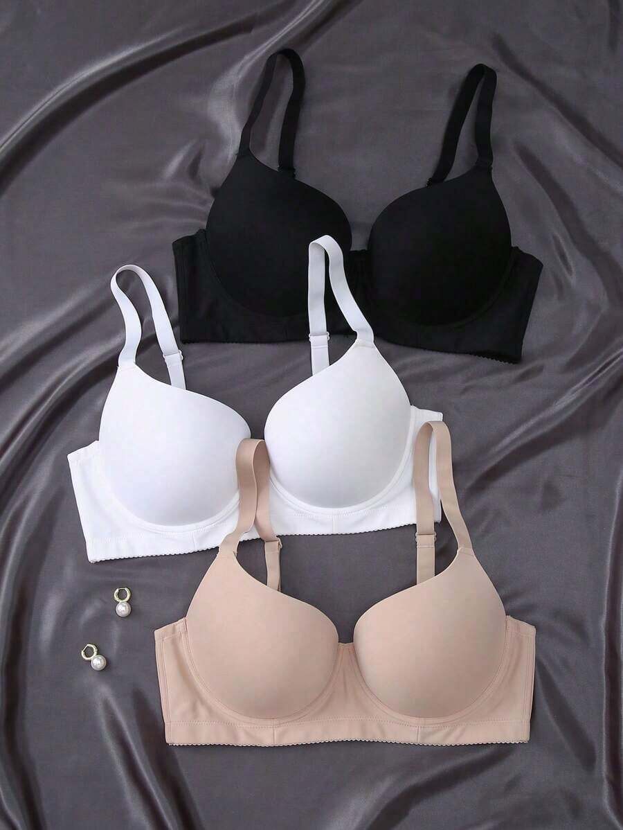 3 Peças Conjunto de Sutiãs Simples e Casuais Sem Arame, Alça de Espaguete, Cor Sólida - Multicolorido - Visão 1