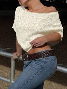 ملابس علوية كاجوال صيفية كبيرة الحجم للنساء ذات لون أحادي وطبعة حرف محظوظ بأكمام خفافة، ملابس علوية محبوكة شبكية مفرغة مناسبة للعطلات والشاطئ مع حافة غير متماثلة