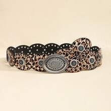 1 Piece Women's Belt Metal Snap Decoration Dress Fashion Retro Wasteland Style Waist Seal Eyelet Oval Piece Carving - 古銀豹紋 - 查看 12