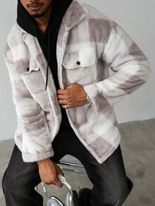 Loose Pattern Lapel Sleeve Lightweight Jacket, Casual Outerwear, Colorful, Long Sleeve, Outdoor, Casual, Boyfriend Gift, Fleece, Men's Plaid Shacket, Black And White Jacket, Plaid Shacket, Fall Winter