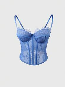 Lace Bustier Corset | Mesh Insert Spaghetti Straps Slim Fit Top - Màu xanh bụi bặm - Xem 2