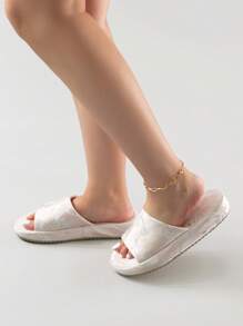 秋冬季优雅时尚坡跟中国风刺绣缎面露趾套脚拖鞋，女士毛绒拖鞋 - 粉色 - 查看 4