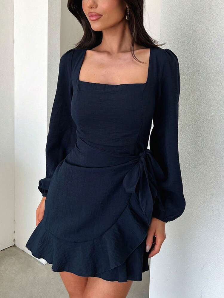 纯色优雅波西米亚风编织面料荷叶边下摆/结饰下摆长袖连衣裙，适合晚间约会、春季和秋季 - 藍色 - 查看 3