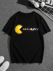 Boys & Teenagers' Casual Crew Neck Short Sleeve T-Shirt With Funny Cosmic Planet Pattern, Versatile For Daily, Street, Outdoor, School Commute - Black - View 2