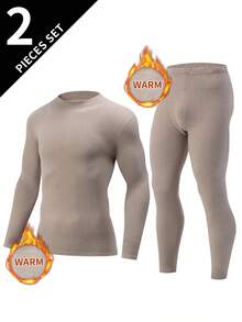 2pcs Men's Crew Neck Long Sleeve T-Shirt + Pants, Warm Casual Underlayer Fleece Sweatshirt Top And Bottoms For Autumn/Winter