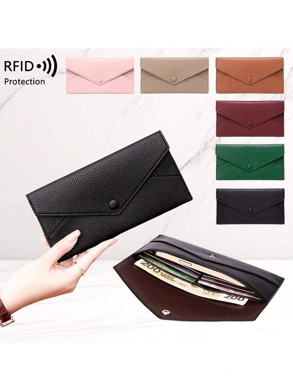 New RFID Anti-Theft Brushing Women's Wallet Lychee Pattern Soft Leather Long Envelope Bag Ultra-Thin Simple Clutch Bag For Women Wallet Purse Wallet Fall Wallet Money Wallet