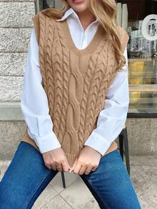 Women's Casual Loose Knitted V-Neck Vest With Cable Pattern, Autumn/Winter (Shirt Not Included) - Khaki - View 3