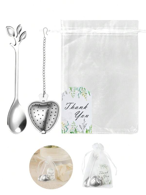 4/20/40/100 Piezas Juego de Regalo Creativo de Acero Inoxidable, Cucharilla de Té, Colador de Té con Forma de Corazón, Tarjeta de Agradecimiento y Bolsa de Regalo Transparente, Recuerdos de Boda/Cumpleaños/Fiesta, Suministros de Boda, Juego de Regalo, Regalo Novedoso para Boda/Fiesta Acción de Gracias/Aniversario, Regalo para Fiesta de Té, Apto para Lavavajillas, Juego de Cubertería de Acero Inoxidable Dorado/Plateado