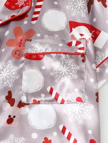 Bộ đồ ngủ satin 2 món, áo ve áo tay ngắn in họa tiết bông tuyết và tuần lộc Giáng sinh kèm quần short nơ cho nữ đồ ngủ mặc ở nhà - Xám - Xem 4