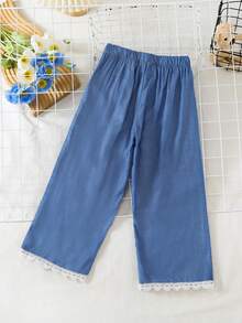 1pc Girls Casual Floral Pattern Ruffle Trim Denim Pants, Suitable For Spring/Autumn