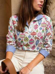 Women's Holiday Ornament Print Blouse – Festive Pullover With Striped Collar, Long Sleeve Christmas Top For Casual Party Look, Fun Xmas Gift Shirt - 白 - 查看 2