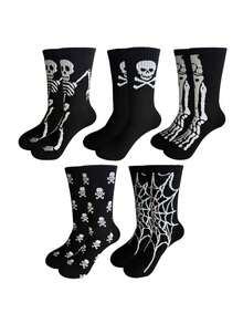 1/5 pares de meias masculinas com estampa de caveira e aranha, meias casuais criativas e confortáveis, adequadas para uso diário, Halloween, festas e outono - Preto e Branco - Ver 2