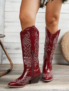 Women's Vintage Embroidered Western Cowboy Boots For Vacation, Music Festivals, And Casual Outings, Festival Footwear, Pointed Toe Design, Durable Tpr Sole  Western    Embroidery    Holiday - Đỏ - Xem 3