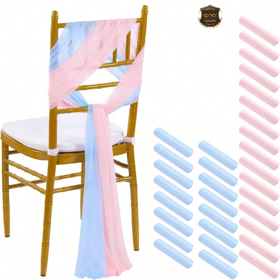 8pcs Blue Chiffon Sashes & 8pcs Pink Chiffon Sashes, Wedding Chair Covers And Aisle Decor, Suitable For Weddings, Ceremonies, Parties, Events, Banquets, Balls